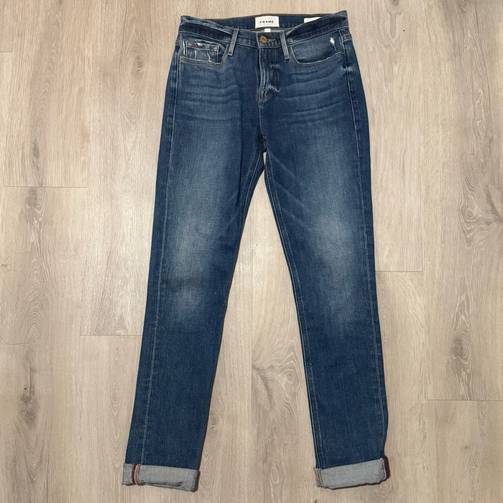 FRAME Le Nik Straight Leg Jeans Medium Blue Wash Denim Classic Vintage Style